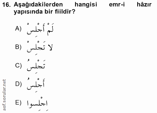 16. soru: Aşağıdakilerden hangisi emr-i hâzır yapısında bir fiildir? لَمْ أَجْلِسْ (A B) jubá y تَجْلِسُ (° أَجْلِسُ (D E) lamb!)