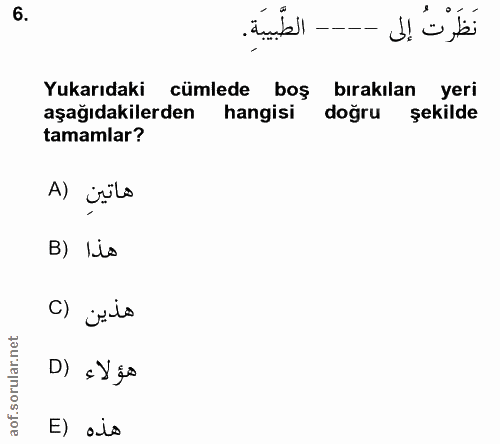 6. soru: ---- الطبيبة . نظرت إلى Yukarıdaki cümlede boş bırakılan yeri aşağıdakilerden hangisi doğru şekilde tamamlar? هاتينِ…