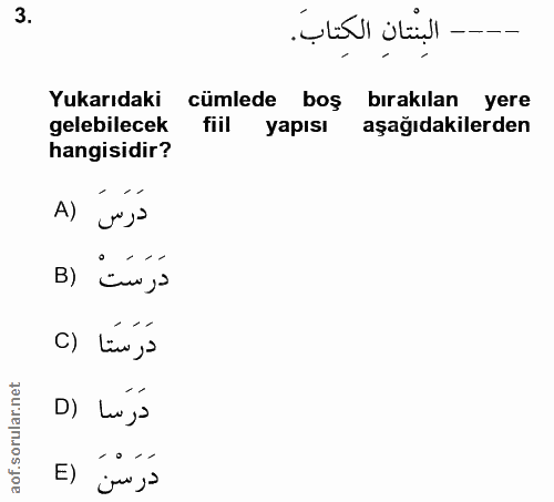 3. soru: . البِنْتانِ الكِتابَ. Yukarıdaki cümlede boş bırakılan yere gelebilecek yapısı aşağıdakilerden hangisidir? A) Un ya…