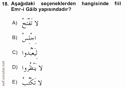 18. soru: Aşağıdaki seçeneklerden hangisinde fiil Emr-i Gâib yapısındadır? A) لا تفتح اِجْلِسْ (B لَيَعْبُدوا () لا ينظروا (D E) .