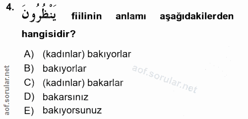 4. soru: يَنْظُرُونَ .4 fiilinin anlamı aşağıdakilerden hangisidir? A) (kadınlar) bakıyorlar B) bakıyorlar C) (kadınlar) bakar…