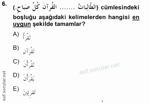 6. soru: القُرآنَ كُلَّ صَباحِ.) ….'ÖWШ1 cümlesindeki boşluğu aşağıdaki kelimelerden hangisi en uygun şekilde tamamlar? A) fis…