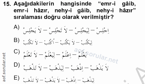 15. soru: Aşağıdakilerin hangisinde "emr-i gâib, emr-i hâzır, nehy-i gâib, nehy-i hâzır" sıralaması doğru olarak verilmiştir? ا…