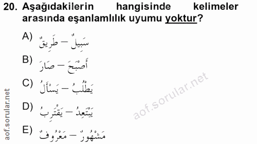 20. soru: Aşağıdakilerin hangisinde kelimeler arasında eşanlamlılık uyumu yoktur? A) سَبِيلٌ - طَرِيقٌ أَصْبَحَ - صَارَ (B C) ي…