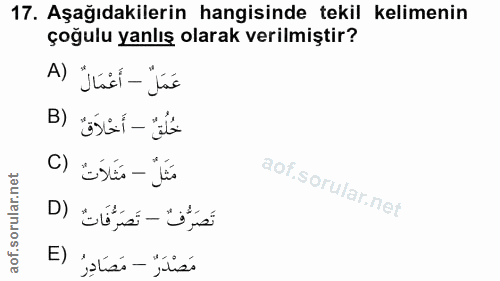 17. soru: Aşağıdakilerin hangisinde tekil kelimenin çoğulu yanlış olarak verilmiştir? عَمَلٌ - أَعْمَالٌ (A حُلُقٌ - أَحْلاَقٌ…