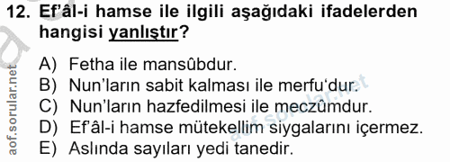 12. soru: Ef'âl-i hamse ile ilgili aşağıdaki ifadelerden hangisi yanlıştır? A) Fetha ile mansûbdur. B) Nun'ların sabit kalması…