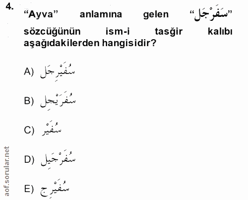 4. soru: "Ayva" "سَفَرْ جَل» anlamına gelen sözcüğünün ism-i tasgir Kalıbı aşağıdakilerden hangisidir? سُفَيْرِ جَل (A B) Jon…