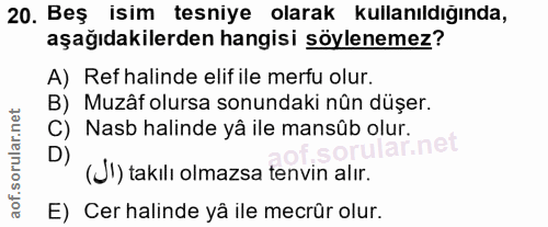 20. soru: Beş isim tesniye olarak kullanıldığında, aşağıdakilerden hangisi söylenemez? A) Ref halinde elif ile merfu olur. B) M…