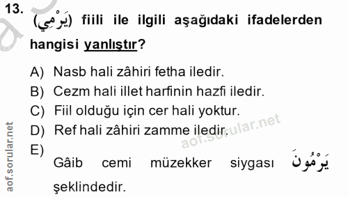 13. soru: (5. g) fiili ile ilgili aşağıdaki ifadelerden hangisi yanlıştır? A) Nasb hali zâhiri fetha iledir. B) Cezm hali illet…