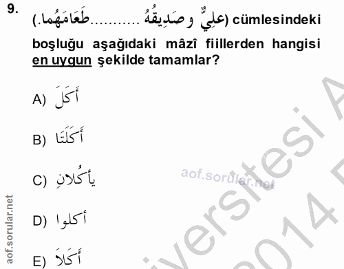 9. soru: (. lafileb... des, "k) cümlesindeki boşluğu aşağıdaki mâzî fiillerden hangisi en uygun şekilde tamamlar? A) j5i B) L5…