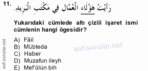 11. soru: Yukarıdaki cümlede altı çizili işaret ismi cümlenin hangi ögesidir? A) Fâil B) Mübteda C) Haber D) Muzafun ileyh E) M…