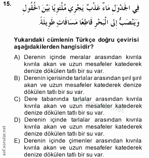 15. soru: ç. Yukarıdaki cümlenin Türkçe doğru çevirisi aşağıdakilerden hangisidir? A) Derenin içinde meralar arasından kıvrıla…