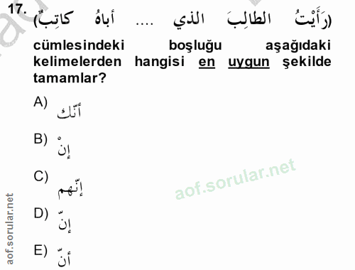17. soru: dui الطالِبَ الذي cümlesindeki boşluğu aşağıdaki kelimelerden hangisi en uygun şekilde tamamlar? A) أنّك B) C) إنّهم…