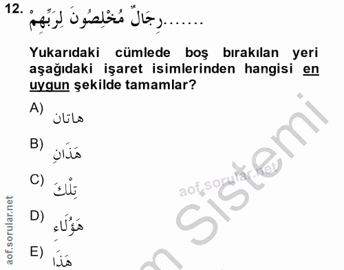 12. soru: .......رِجَالٌ مُخْلِصُونَ لِرَبِّهِمْ .12 Yukarıdaki cümlede boş bırakılan yeri aşağıdaki işaret isimlerinden hangis…
