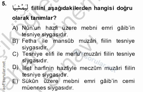 5. soru: bünal fillini aşağıdakilerden hangisi doğru olarak tanımlar? A) Nûn'un hazfi üzere mebni emri gâib'in tesniye sigasıd…