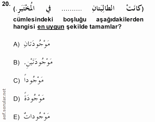 20. soru: في الُمُخْتَبَر.) .20 cümlesindeki boşluğu aşağıdakilerden hangisi en uygun şekilde tamamlar? مَوْجُودَتانِ (A مَوْجُ…