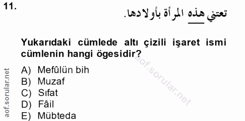 11. soru: Yukarıdaki cümlede altı çizili işaret ismi cümlenin hangi ögesidir? A) Mefülün bih B) Muzaf C) Sıfat D) Fâil E) Mubteda