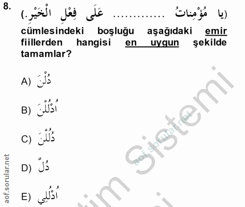 8. soru: عَلَى فِعْلِ الْخَيْرِ .) cümlesindeki boşluğu aşağıdaki emir fiillerden hangisi en uygun şekilde tamamlar? A) JS B)…