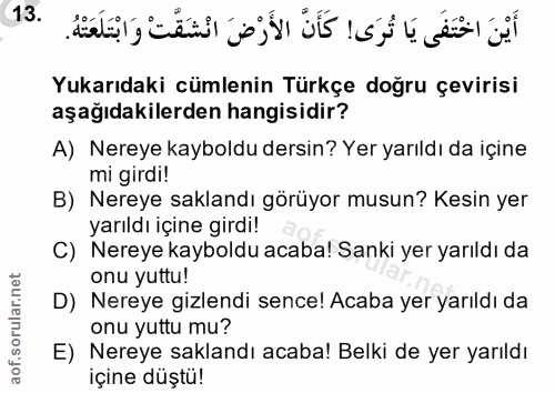 13. soru: Yukarıdaki cümlenin Türkçe doğru çevirisi aşağıdakilerden hangisidir? A) Nereye kayboldu dersin? Yer yarıldı da içine…