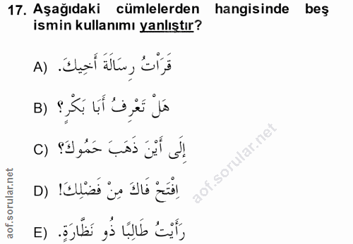 17. soru: Aşağıdaki cümlelerden hangisinde beş ismin kullanımı yanlıştır? قَرَاْتُ رِسَالَةَ أَخِيكَ. (A هَلْ تَعْرِفُ أَبَا بَ…