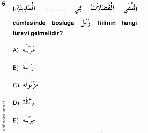5. soru: الْمَدِينَةِ.) cümlesinde boşluğa J) fiilinin hangi türevi gelmelidir? A) alýs B) älr; مَزْبُولَة (C D) all*; مِزْبَل…