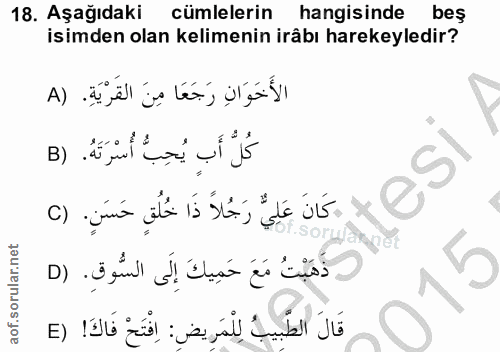 18. soru: Aşağıdaki cümlelerin hangisinde beş isimden olan kelimenin irâbı harekeyledir? الأَخَوَانِ رَجَعَا مِنَ القَرْيَةِ. (…