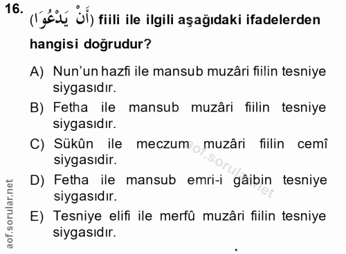 16. soru: ('ediý ül) fiili ile ilgili aşağıdaki ifadelerden hangisi doğrudur? A) Nun'un hazfi ile mansub muzâri fiilin tesniye…