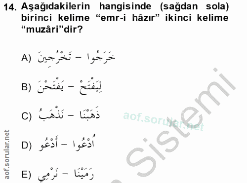 14. soru: Aşağıdakilerin hangisinde (sağdan sola) birinci kelime "emr-i hâzır" ikinci kelime "muzâri"dir? خَرَجُوا - تَخْرُجينَ…