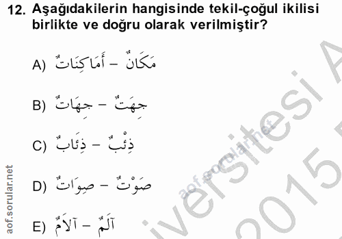 12. soru: Aşağıdakilerin hangisinde tekil-çoğul ikilisi birlikte ve doğru olarak verilmiştir? مَكَانٌ - أَمَاكِنَاتٌ (A جِهَتْ…