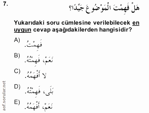 7. soru: هَلْ فَهِمْتَ الْمَوْضُوعَ جَيِّدًا؟ Yukarıdaki soru cümlesine verilebilecek en uygun cevap aşağıdakilerden hangisidi…