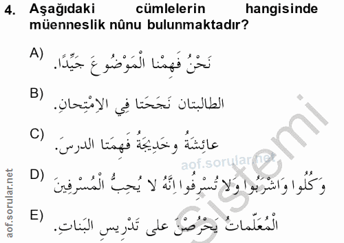 4. soru: Aşağıdaki cümlelerin hangisinde müenneslik nûnu bulunmaktadır? A)| نَحْنُ فَهِمْنَا الْمَوْضُوعَ جَيِّدًا. B) الطالبت…
