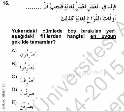16. soru: فإنّنا في العَمَلِ نَعْمَلُ لِغايَةِ فَيَجِبُ أَنْ أوقَاتَ الفَرَاغِ لِغايَةٍ كذلِكَ Yukarıdaki cümlede boş bırakılan…