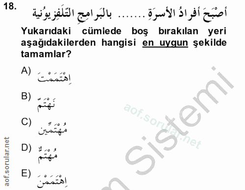 18. soru: أصْبَحَ أفرادُ الأسرَةِ ....... بالبَرامِجِ التَّلَفِز يوُنية Yukarıdaki cümlede boş bırakılan yeri aşağıdakilerden h…