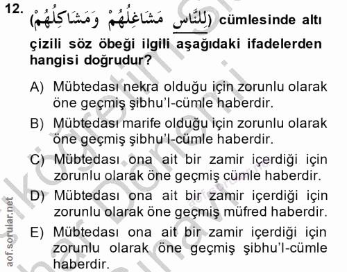 12. soru: (fb binég ¡életi U) cümlesinde altı çizili söz öbeği ilgili aşağıdaki ifadelerden hangisi doğrudur? A) Mübtedası nekr…