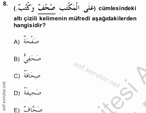 8. soru: (.çis, tere çiki le) cümlesindeki altı çizili kelimenin müfredi aşağıdakilerden hangisidir? صَفْحَةٌ (A صَحَفِيٌّ (B…