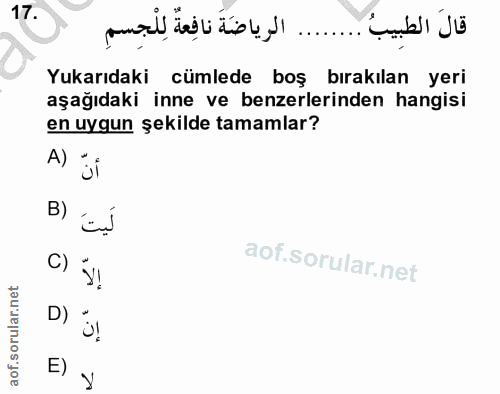 17. soru: قالَ الطبيبُ ... Yukarıdaki cümlede boş bırakılan yeri aşağıdaki inne ve benzerlerinden hangisi en uygun şekilde tama…