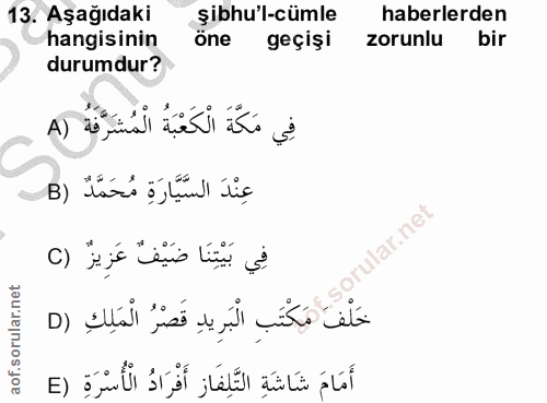 13. soru: Aşağıdaki şibhu'l-cümle haberlerden hangisinin one geçişi zorunlu bir durumdur? فِي مَكَّةَ الْكَعْبَةُ الْمُشَرَّفَة…