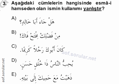 3. soru: 3 Aşağıdaki cümlelerin hangisinde esmâ-i hamseden olan ismin kullanımı yanlıştır? هَلْ جَاءَ أَبَا حَالِدٍ؟ (A مِنْ ف…