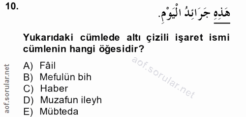 10. soru: هَذِهِ جَرَائِدُ الْيَوْمِ. Yukarıdaki cümlede altı çizili işaret ismi cümlenin hangi öğesidir? A) Fâil 90% B) Mefulü…