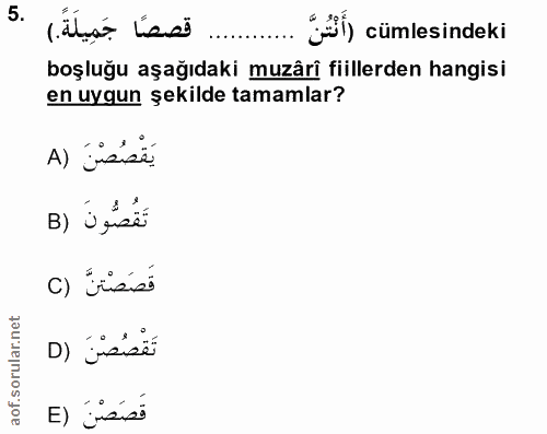5. soru: قصصًا جَمِيلَةً.) §31) cümlesindeki boşluğu aşağıdaki muzârî fiillerden hangisi en uygun şekilde tamamlar? يَقْصُصْنَ…