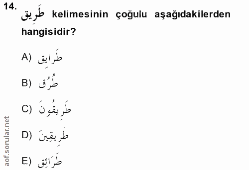 14. soru: öb kelimesinin çoğulu aşağıdakilerden hangisidir? طَرابق (A B) 5% c) Ú ges,b D) irë b طَرَائِق (E
