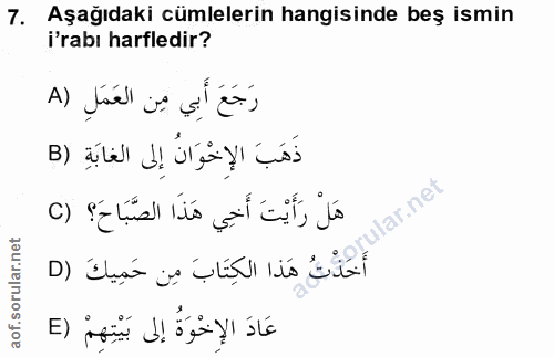 7. soru: Aşağıdaki cümlelerin hangisinde beş ismin i'rabı harfledir? رَجَعَ أَبِي مِن العَمَلِ (A ذَهَبَ الإِخْوَانُ إِلى الغا…