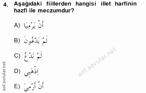 4. soru: Aşağıdaki fiillerden hangisi illet harfinin hazfi ile meczumdur? أَنْ يَرْمِيَا (A لَمْ يَدْعُونَ (B لَمْ نَدْعُ (C D…