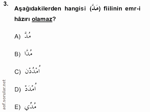 3. soru: Aşağıdakilerden hangisi (o) fillinin emr-i hâzırı olamaz? A) L B) Ils اُمْدُدْن (c D) Sil E) çis