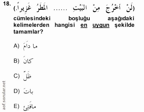 18. soru: الَمَطَرُ cümlesindeki boşluğu aşağıdaki kelimelerden hangisi en uygun şekilde tamamlar? A) ála lo B) ü5 c) jEs D) ül…