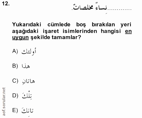 12. soru: ............. نساءً مخلصاتٌ. Yukarıdaki cümlede boş bırakılan yeri aşağıdaki işaret isimlerinden hangisi en uygun şek…