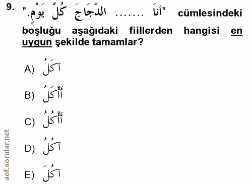 9. soru: الدَّجَاجَ كُلَّ يَوْمٍ " ٥٠ Úf" cümlesindeki boşluğu aşağıdaki fiillerden hangisi en uygun şekilde tamamlar? A) B) أ…