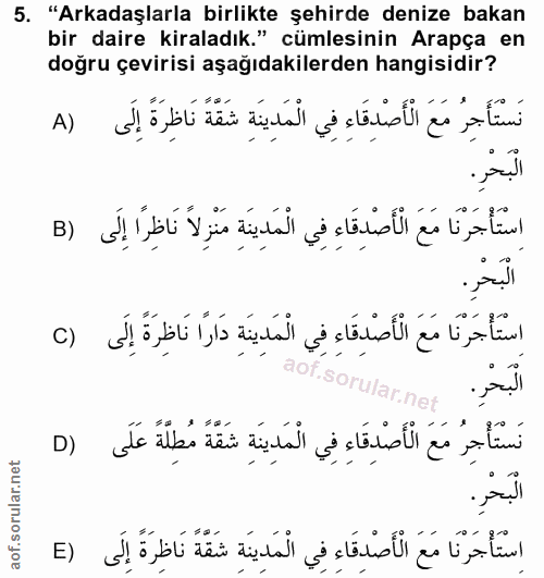 5. soru: "Arkadaşlarla birlikte şehirde denize bakan bir daire kiraladık." cümlesinin Arapça en doğru çevirisi aşağıdakilerden…