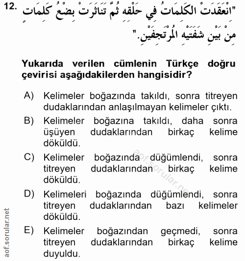 12. soru: Yukarıda verilen cümlenin Türkçe doğru çevirisi aşağıdakilerden hangisidir? A) Kelimeler boğazında takıldı, sonra tit…