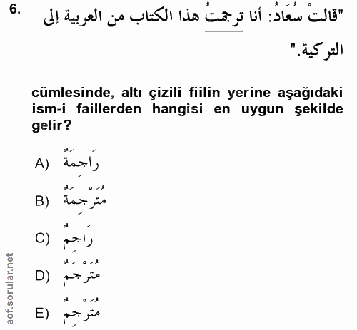 6. soru: «قالتْ سُعَادُ: أنا ترجمتَ هذا الكتاب من العربية إلى التركية." cümlesinde, altı çizili fiilin yerine aşağıdaki ism-i…